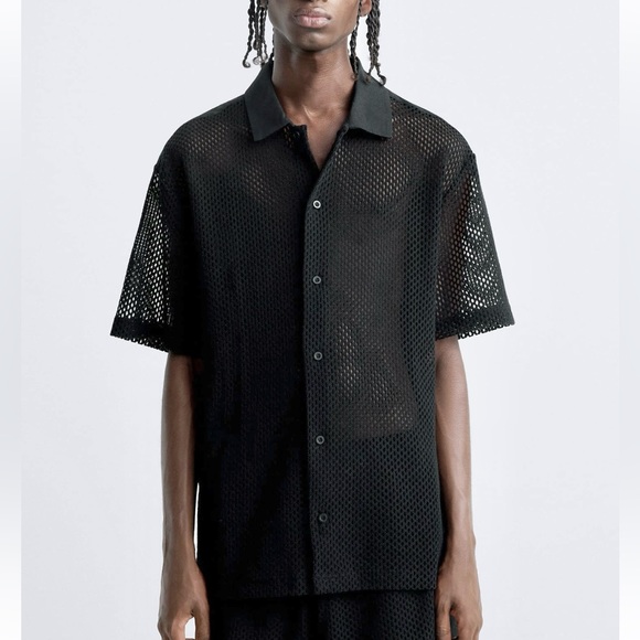 Zara men cotton mesh shirt Black NWT - Picture 1 of 8